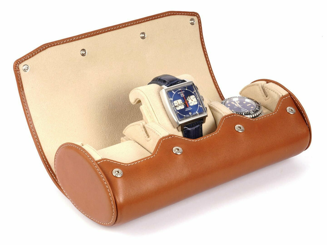 CARAPAZ LEATHER WATCH STORAGE CASE FOR 3 WATCHES IN COGNAC LIGHT BROWN
