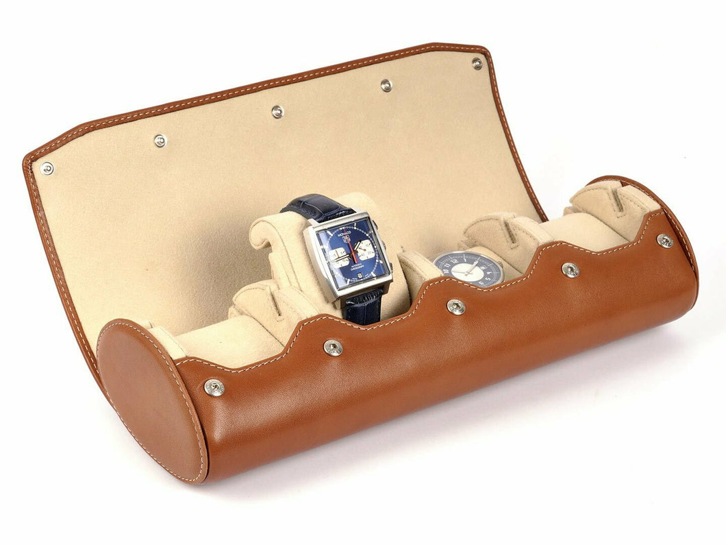 CARAPAZ LEATHER WATCH STORAGE CASE FOR 4 WATCHES IN COGNAC LIGHT BROWN