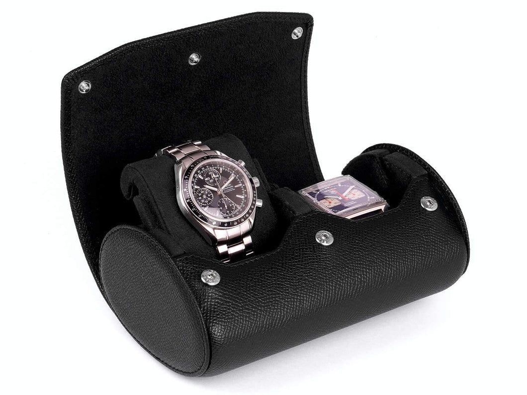 CARAPAZ LEATHER WATCH STORAGE CASE FOR 2 WATCHES IN BLACK EPSOM