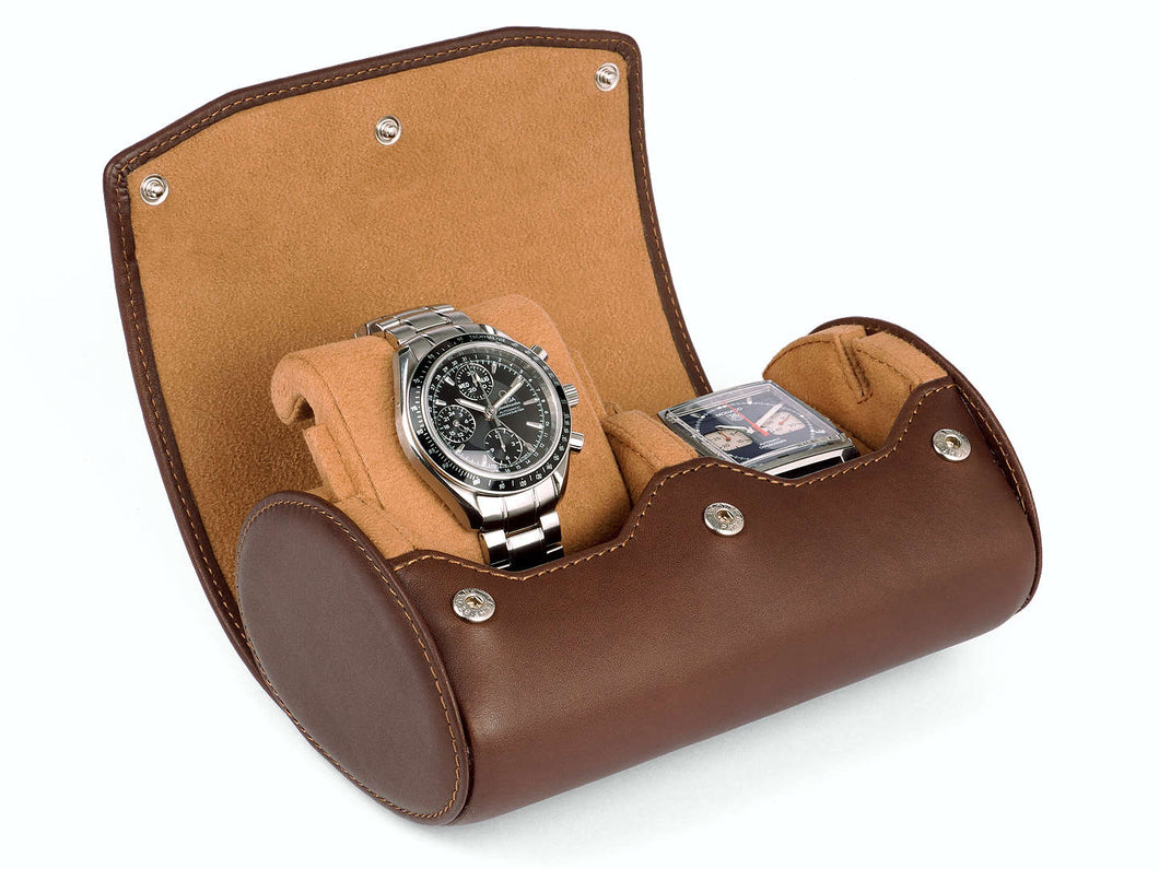CARAPAZ LEATHER WATCH STORAGE CASE FOR 2 WATCHES IN MEDIUM BROWN